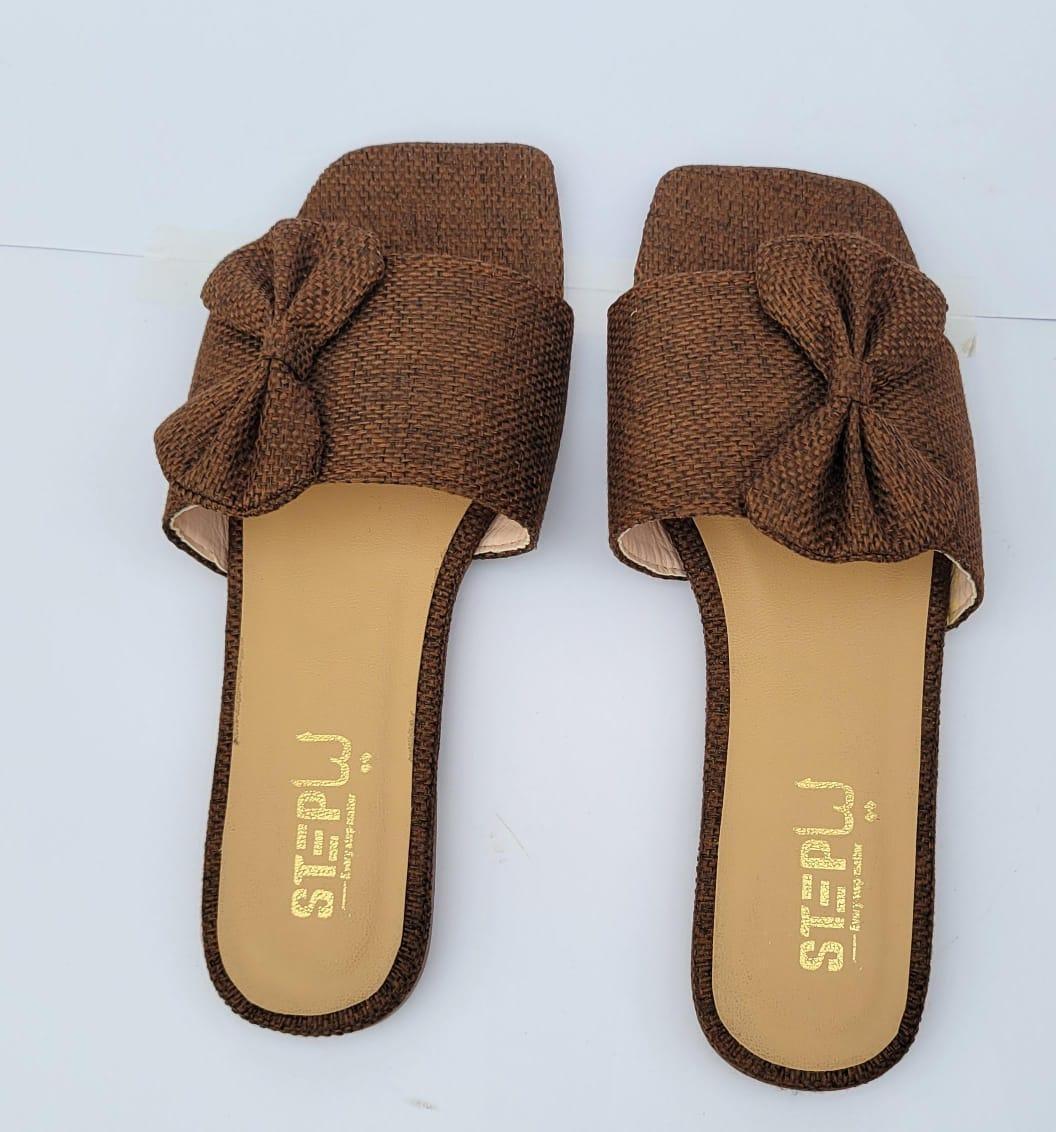 Brown Women’s Square Toe Slide Sandals – Slip-On Flats with Textured Bow Accent | Stylish & Comfortable Everyday Footwear