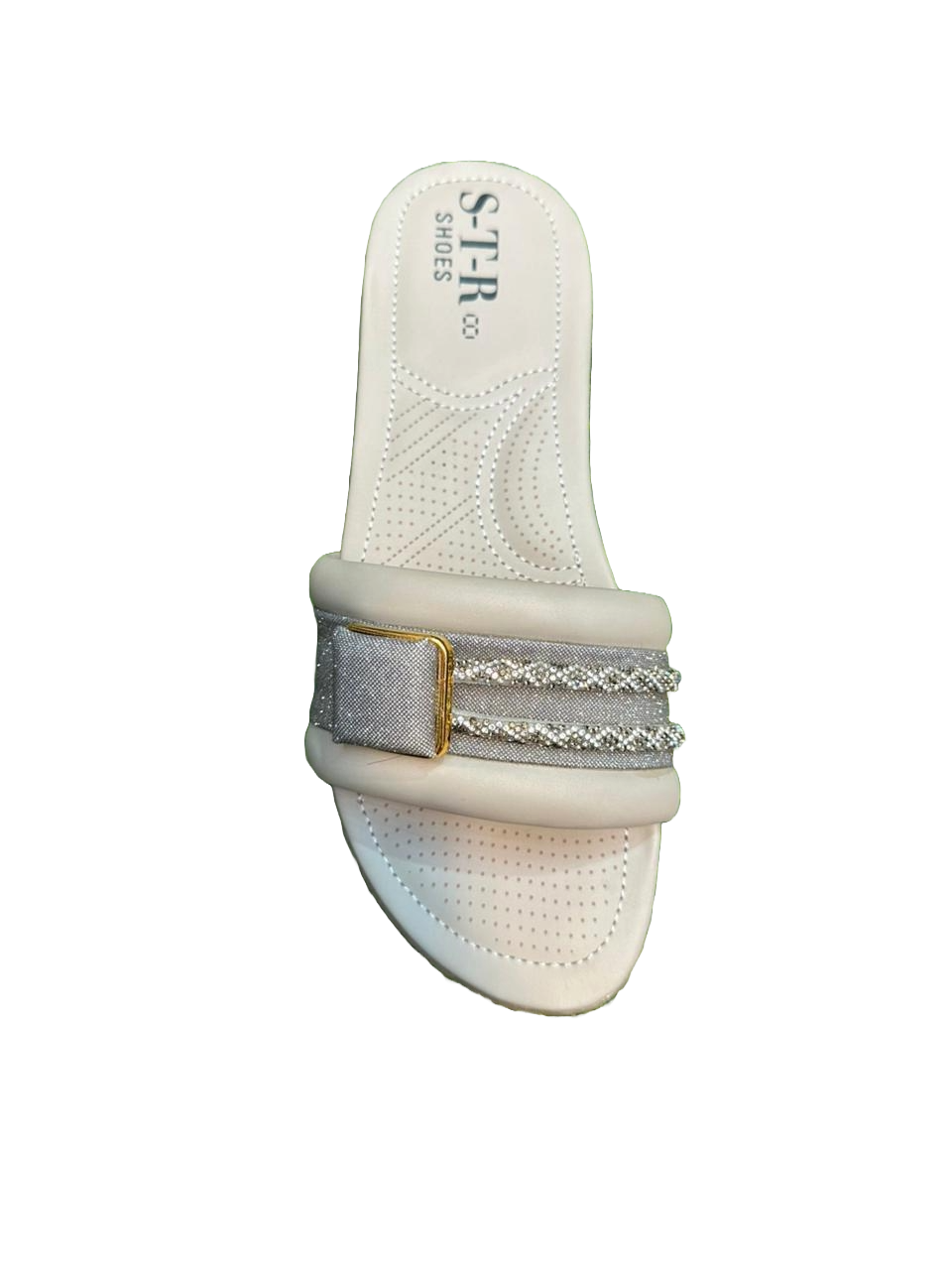 Women's White Slip-On Sandals with Braided Strap & Gold Buckle – Comfy & Stylish