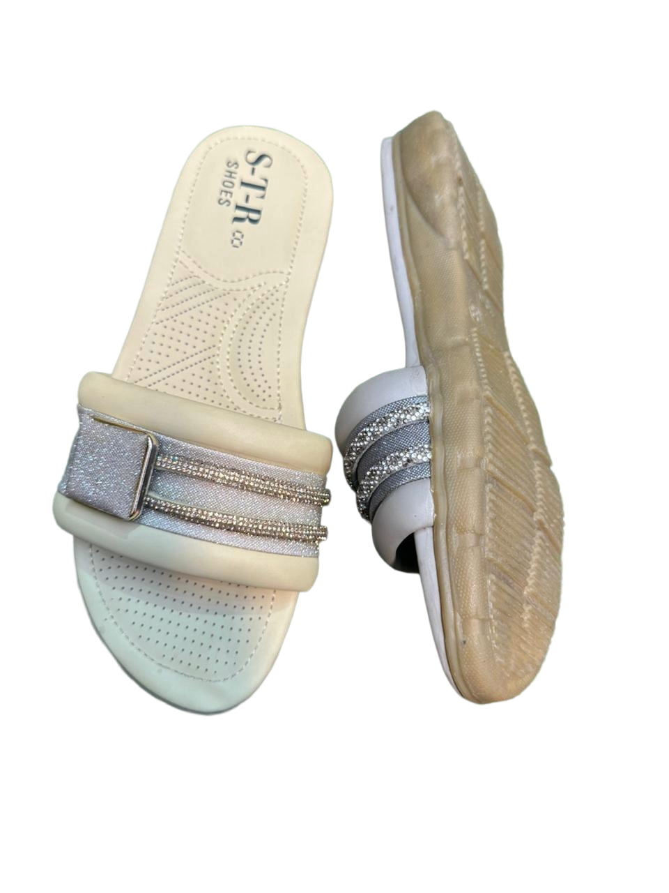 Women's White Slip-On Sandals with Braided Strap & Gold Buckle – Comfy & Stylish