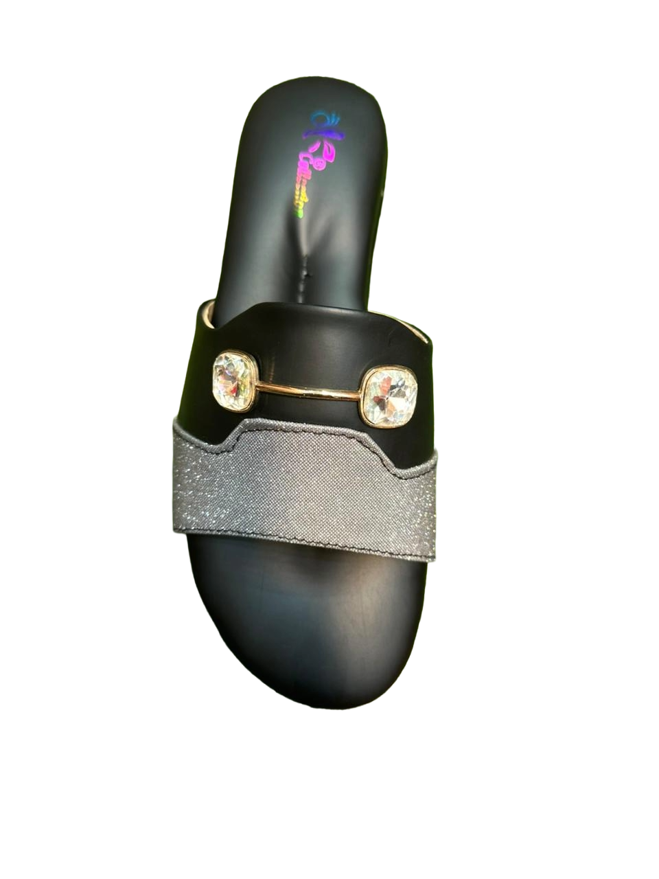 Women’s Black Slide Sandals with Rhinestone Buckle – Comfortable Glitter Slip-On Shoes