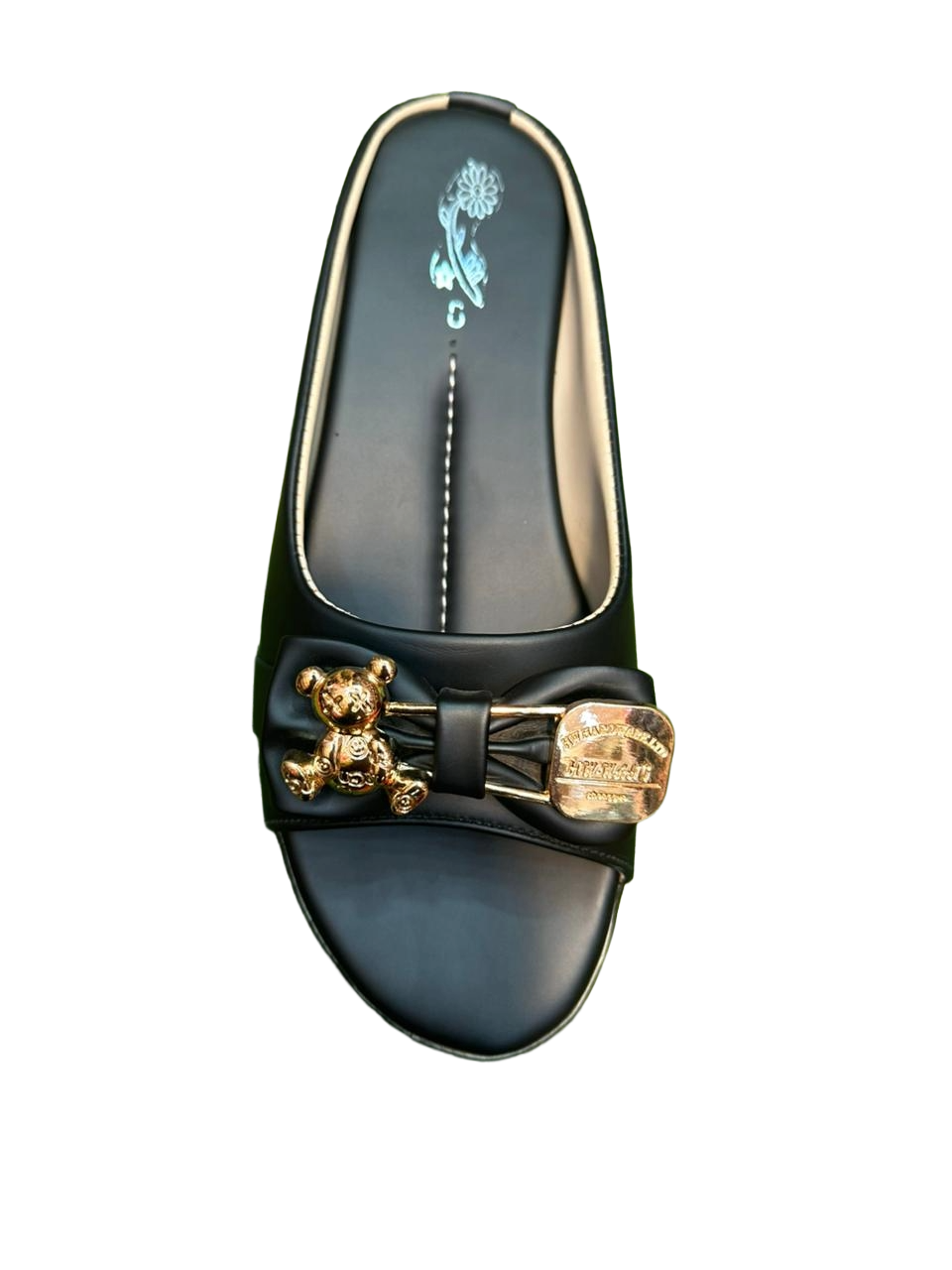 Women’s Black Slide Sandals with Gold Teddy Bear Charm – Cute & Comfortable Slip-On Shoes