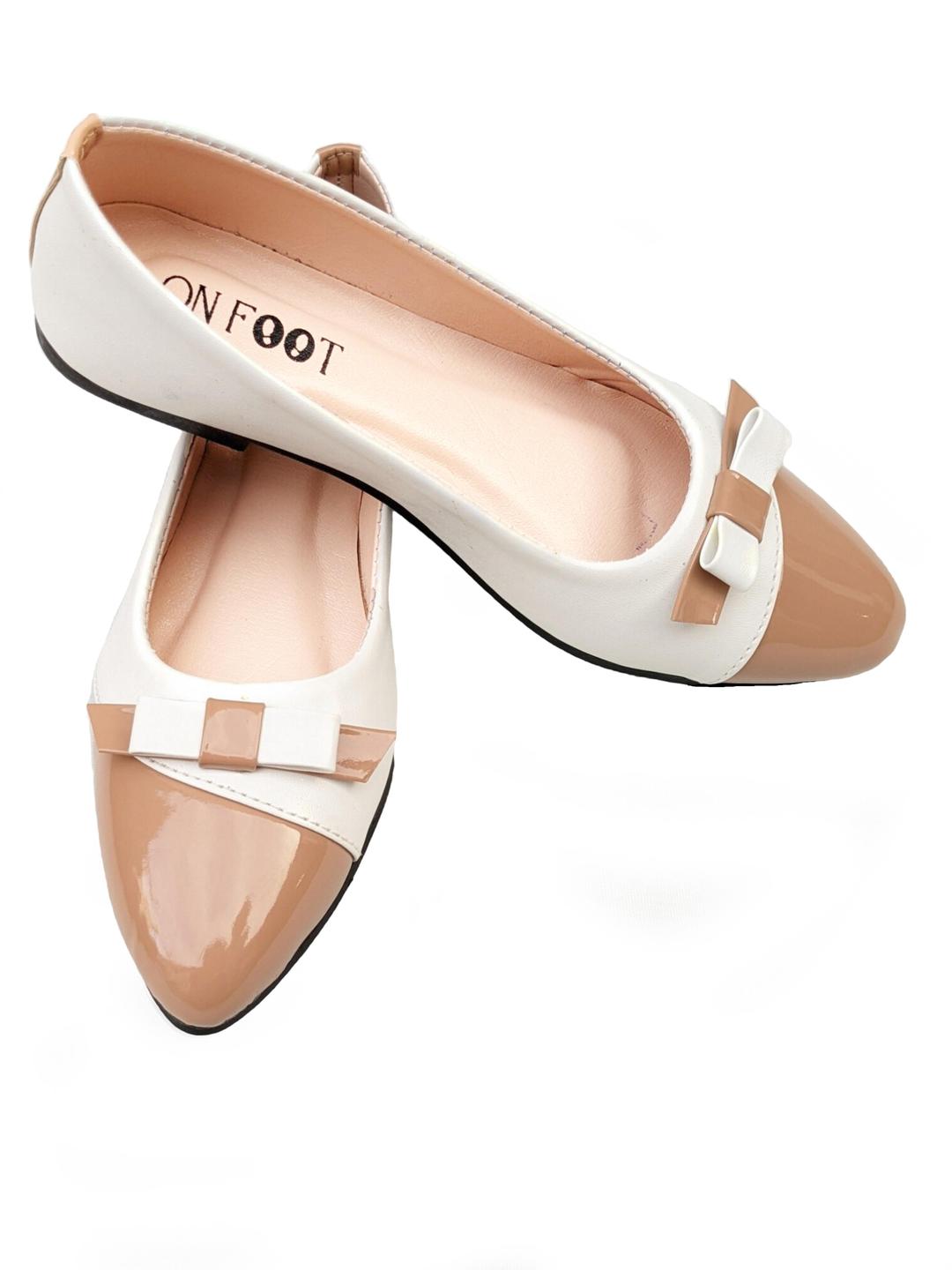 Chic Beige & White Patent Women’s Flats – Pointed Toe Slip-On Shoes with Bow Accent | Elegant Office & Casual Footwear