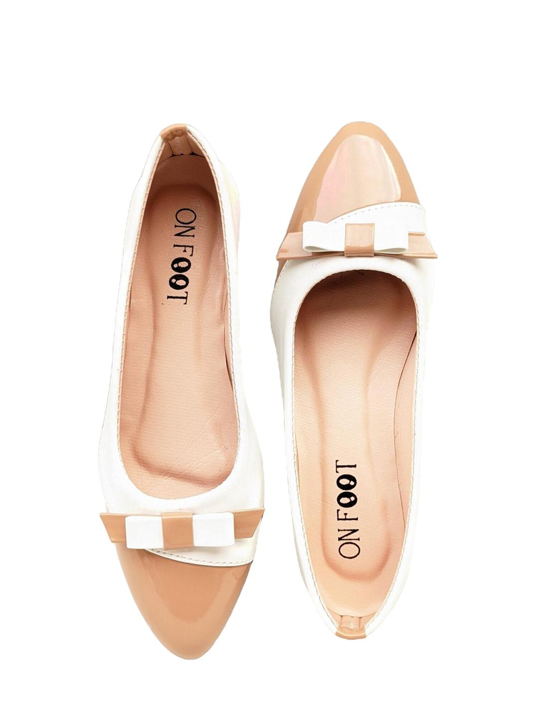 Chic Beige & White Patent Women’s Flats – Pointed Toe Slip-On Shoes with Bow Accent | Elegant Office & Casual Footwear